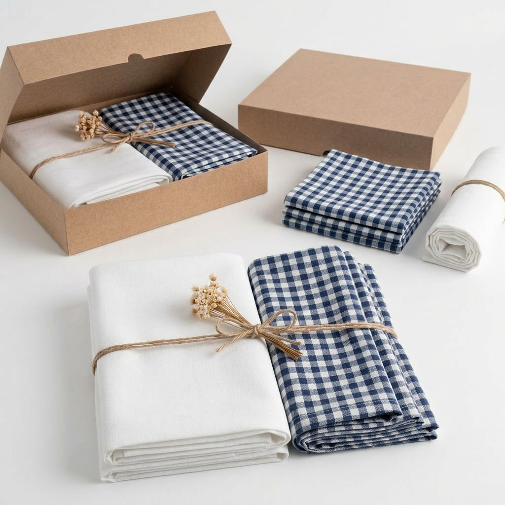 Mesa posta elegante com caminho de mesa branco de 2 metros e guardanapos xadrez em composição clássica e acolhedora.
