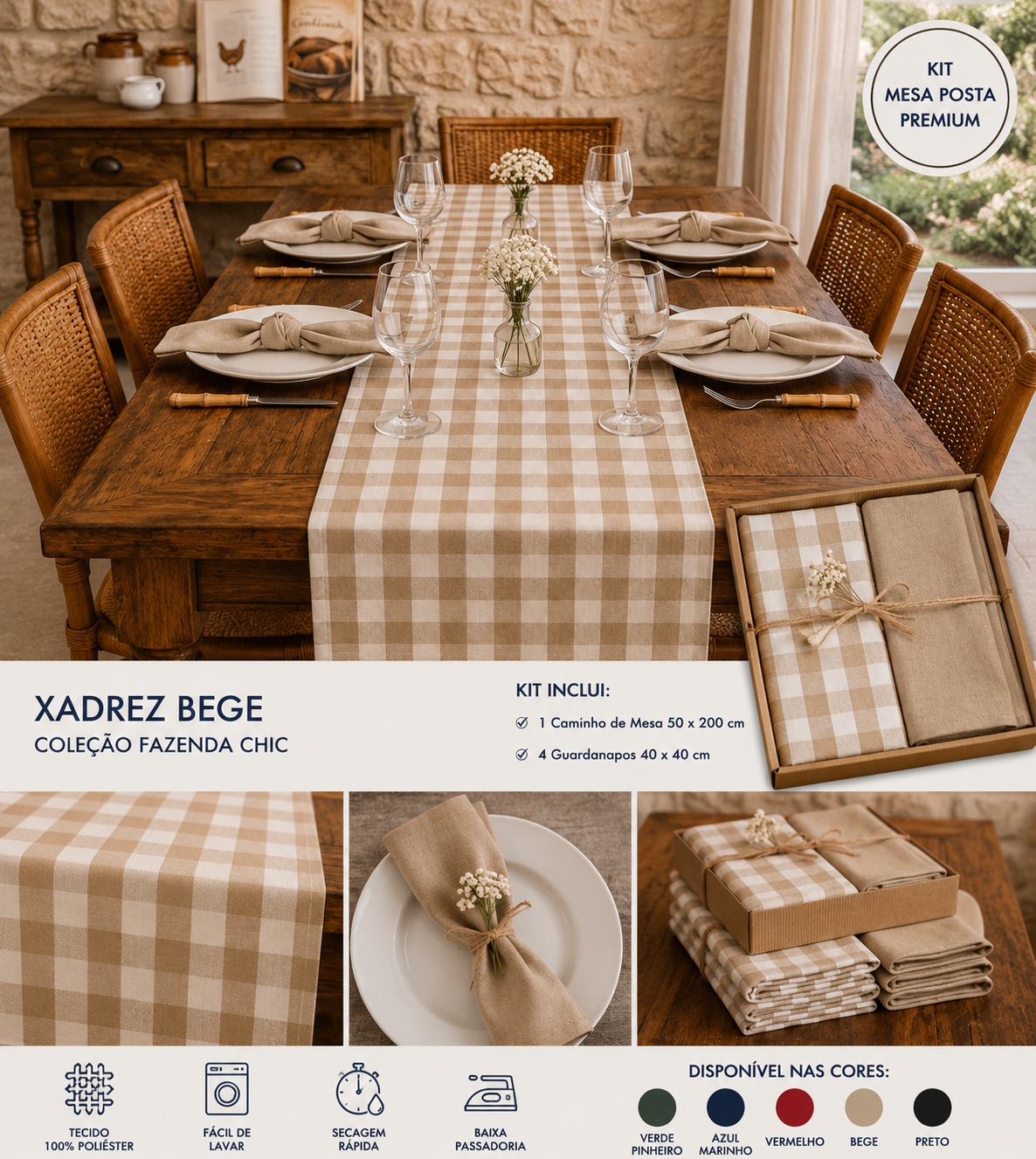 Mesa posta estilo farmhouse com tecido xadrez beige e decoração acolhedora.