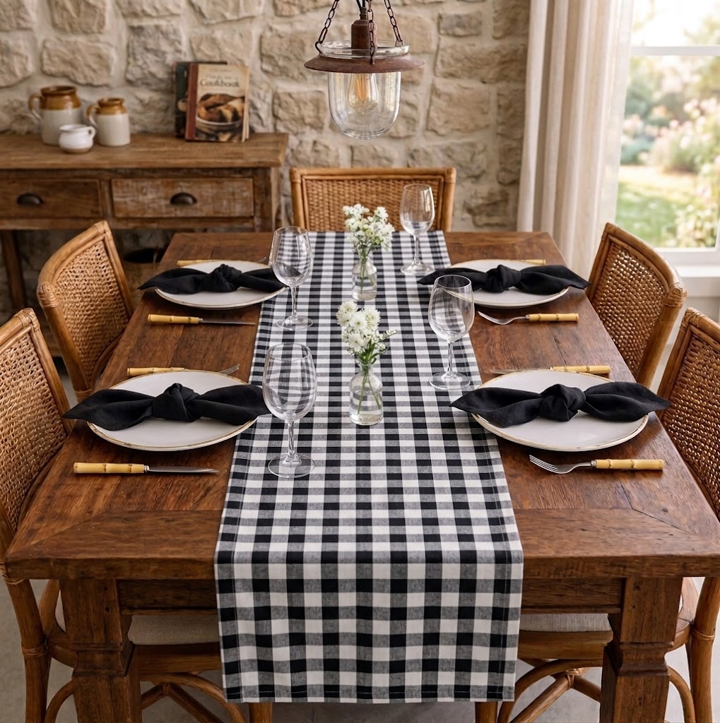 Mesa posta estilo farmhouse com tecido xadrez verde e decoração acolhedora.