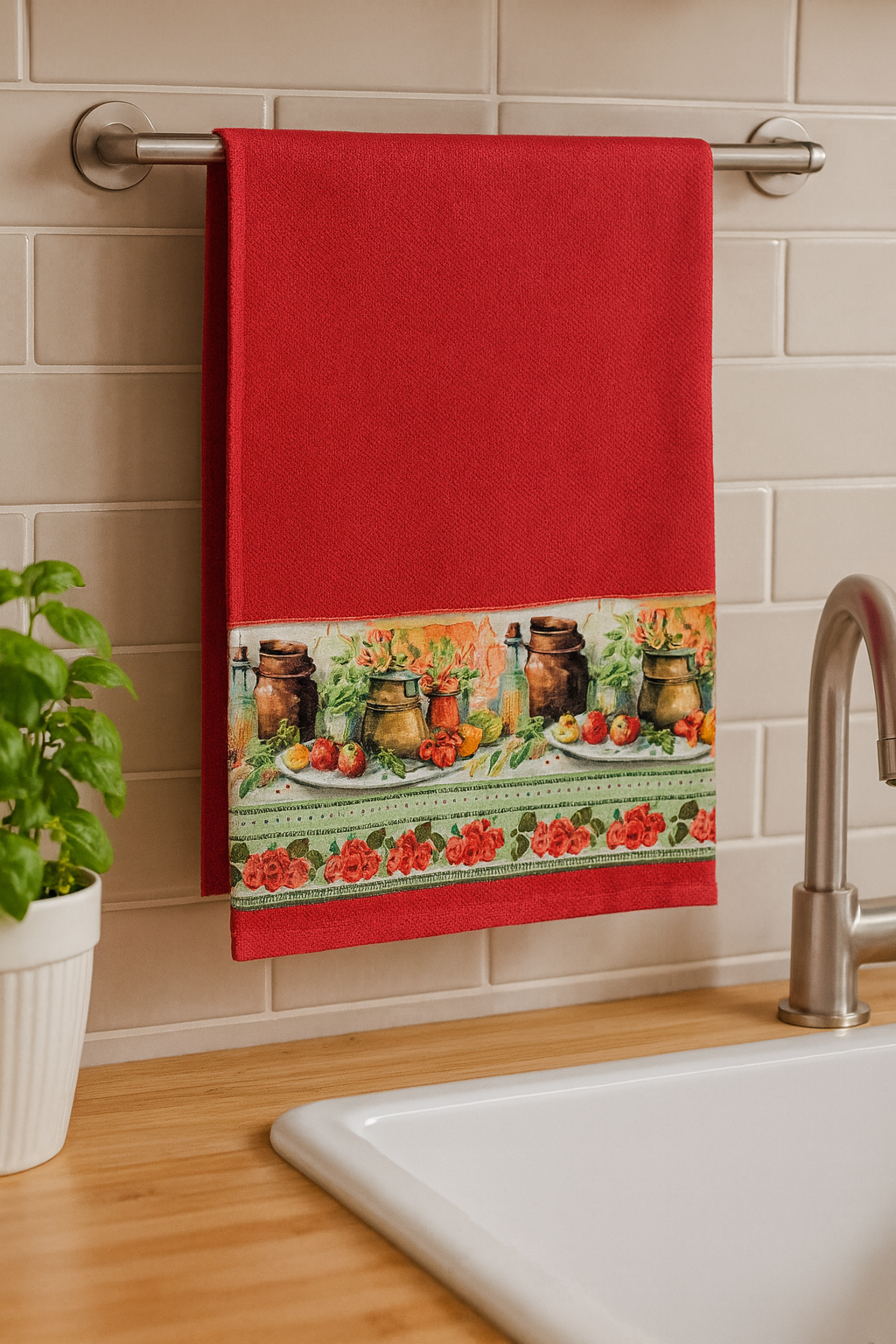 Pano de Prato 100% Algodão Vermelho Barra de Utensílios Cozinha Vintage –Kit 3 Panos (70x40 cm) - Doca Express