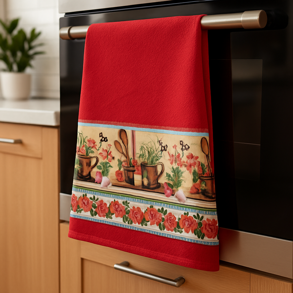 Pano de Prato 100% Algodão Vermelho Barra de Utensílios Cozinha Vintage –Kit 3 Panos (70x40 cm) - Doca Express