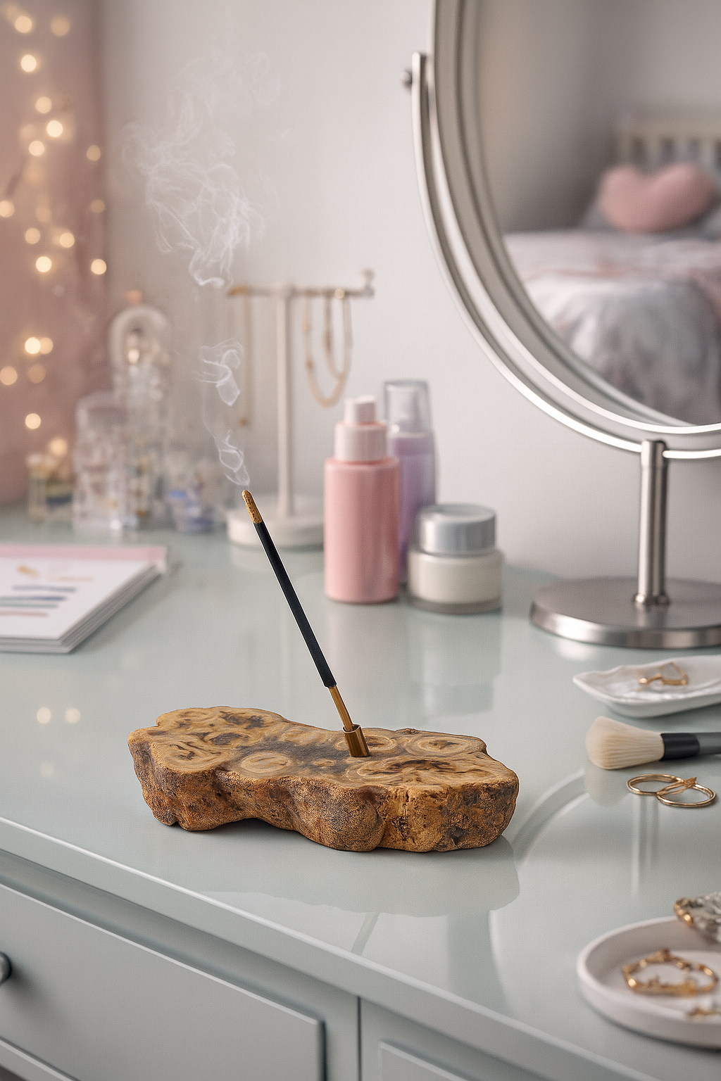 Pedra Natural Ágata Fatia com Suporte de Incenso em Cobre – Peça Única para Decoração, Aromaterapia e Energia – Base Orgânica em Corte Irregular - Doca Express
