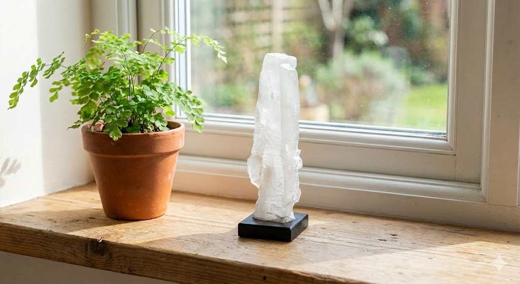 Ponta de Calcita Ótica Transparente Natural 17 cm com Base de Madeira – Cristal de Energia, Decoração Zen, Mineral Colecionável -Doca Express