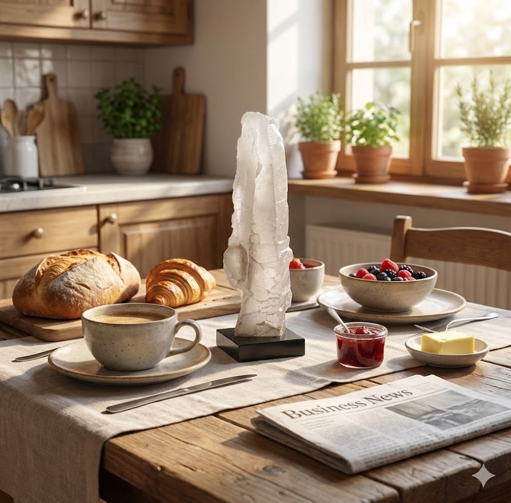 Ponta de Calcita Ótica Transparente Natural 17 cm com Base de Madeira – Cristal de Energia, Decoração Zen, Mineral Colecionável -Doca Express