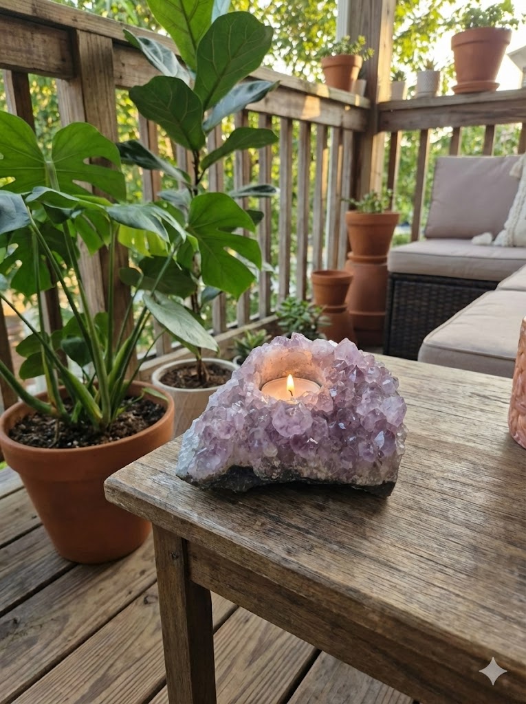 Porta-Vela de Ametista Bruta Natural – 1,49 kg – Cristais Autênticos, Energia e Decoração Zen – Peça Única Polida à Mão – Doca Express