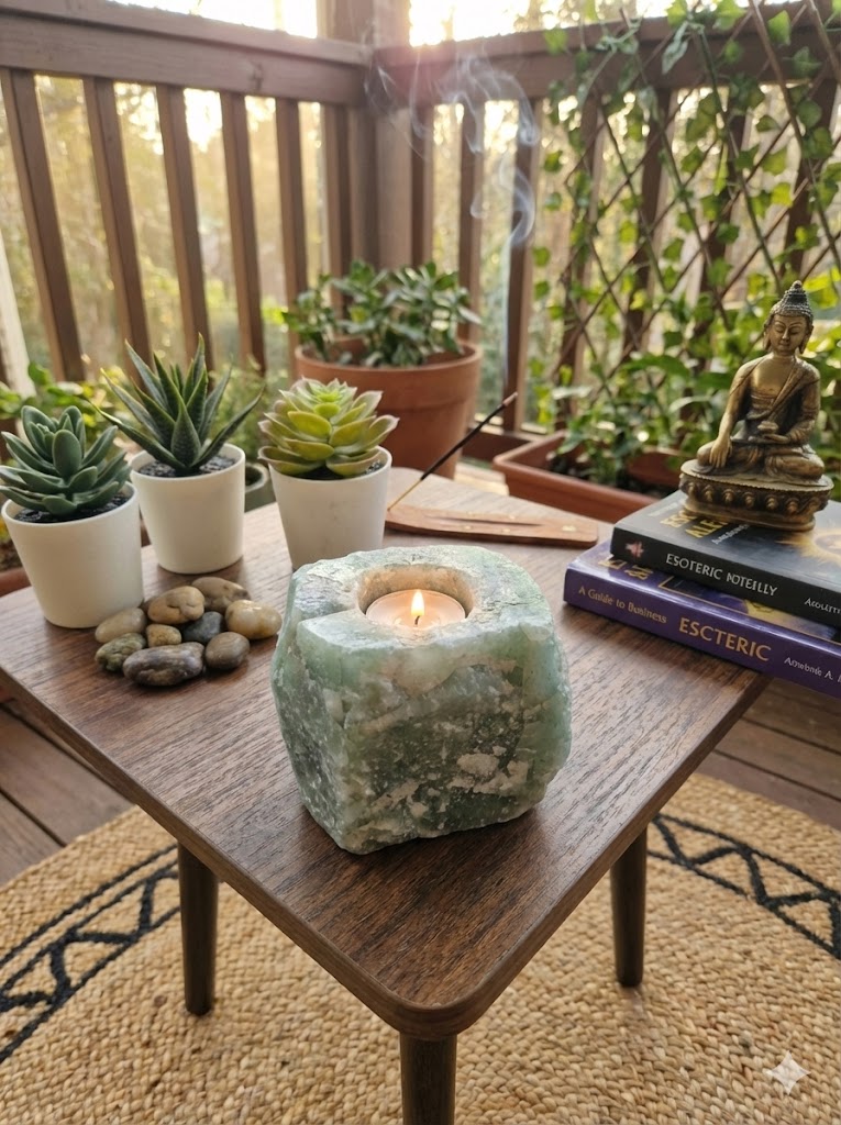Porta-Velas de Quartzo Verde Natural – 1,480 kg | Peça Artesanal Única para Decoração, Meditação e Energia Positiva | Doca Express