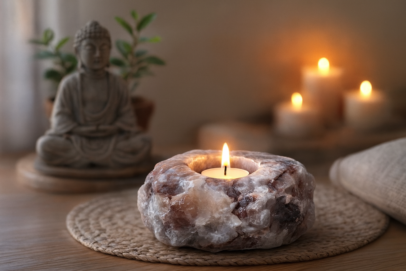 Porta-Velas em Quartzo Hematoide Natural – Peça Bruta Lapidada | 850 g | Decoração Zen, Energização e Bem-Estar | Pedra Autêntica – Doca Express