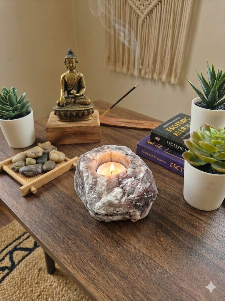 Porta-Velas em Quartzo Hematoide Natural – Peça Bruta Lapidada | 850 g | Decoração Zen, Energização e Bem-Estar | Pedra Autêntica – Doca Express