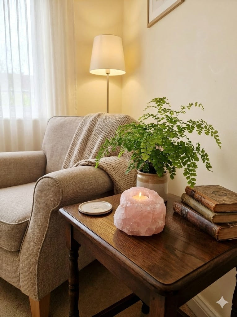 Porta-Velas em Quartzo Rosa Natural – Peça Bruta Lapidada | 1,48 kg | Decoração Zen, Amor, Harmonia e Bem-Estar | Pedra Autêntica – Doca Express