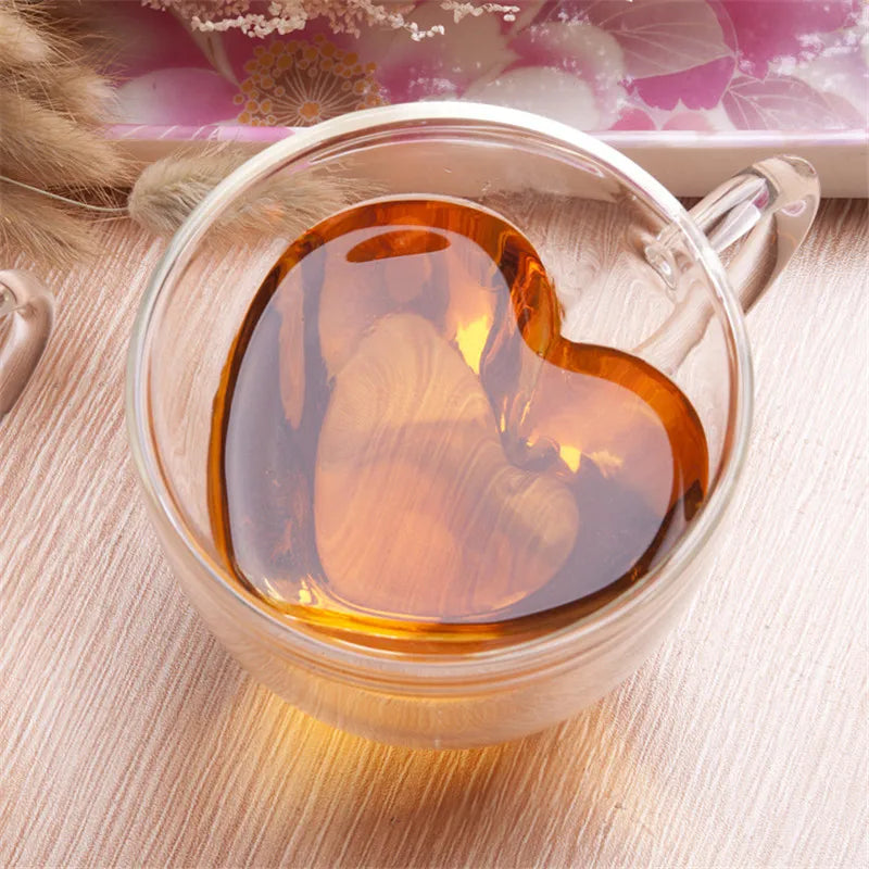 Heart Love Shaped Glass Mug Couple Cups Double Glass Cup Heat-Resisting Wine Glasses Tea Mugs Milk Espresso Coffee Cup Drinkware