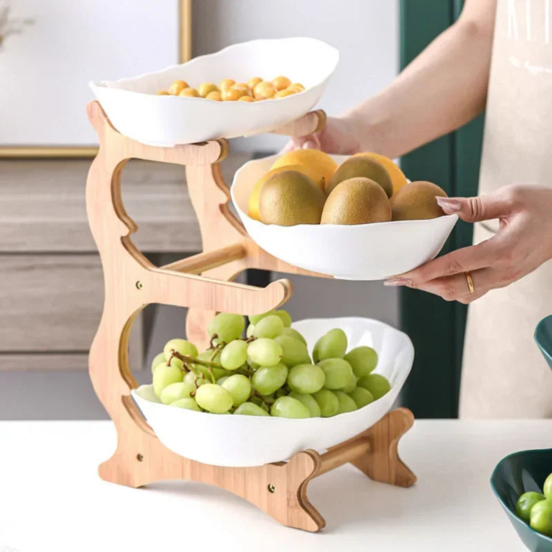 2/3 Layer Table Plates Dinnerware Wooden Kitchen Fruit Bowl with Floors Partitioned Dish Candy Cake Trays Fruit Plate Salad Bowl