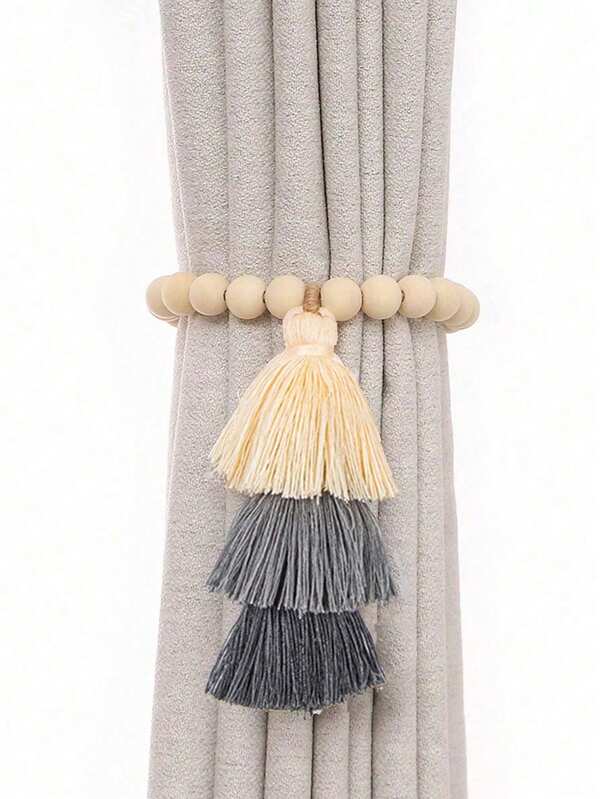 Suporte de Cortina Boho Magnético com Contas de Madeira e Borla Tricolor - Prendedor Decorativo - Doca Express Cortinas 