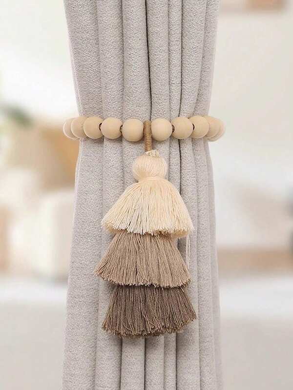 Suporte de Cortina Boho Magnético com Contas de Madeira e Borla Tricolor - Prendedor Decorativo - Doca Express Cortinas 