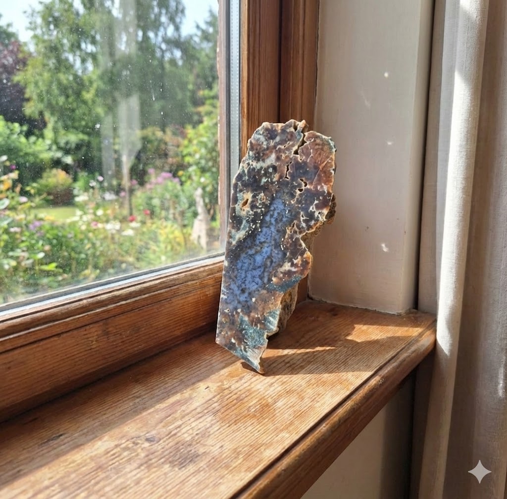 Ágata Musgo Natural – Fatia Bruta Polida Grande | Peça de 1,4 kg | Decoração Mineral, Mesa, Escritório e Espaços Zen | Pedra Autêntica para Energização e Harmonização -Doca Express