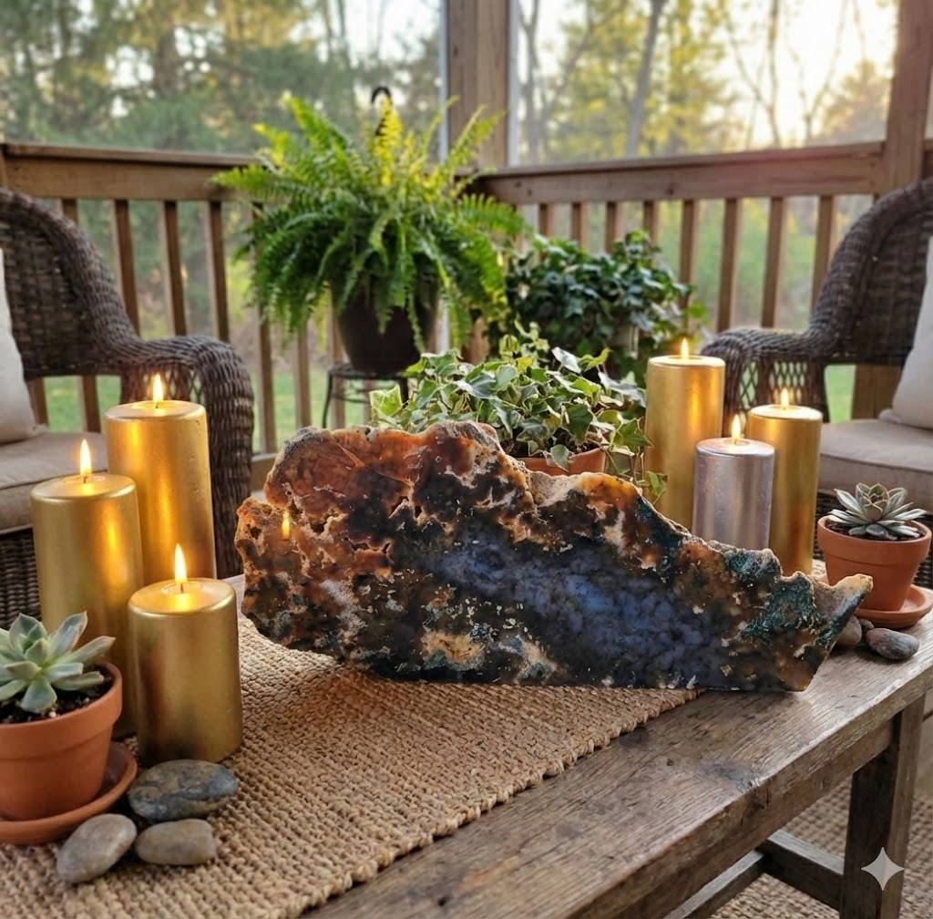 Ágata Musgo Natural – Fatia Bruta Polida Grande | Peça de 1,4 kg | Decoração Mineral, Mesa, Escritório e Espaços Zen | Pedra Autêntica para Energização e Harmonização -Doca Express