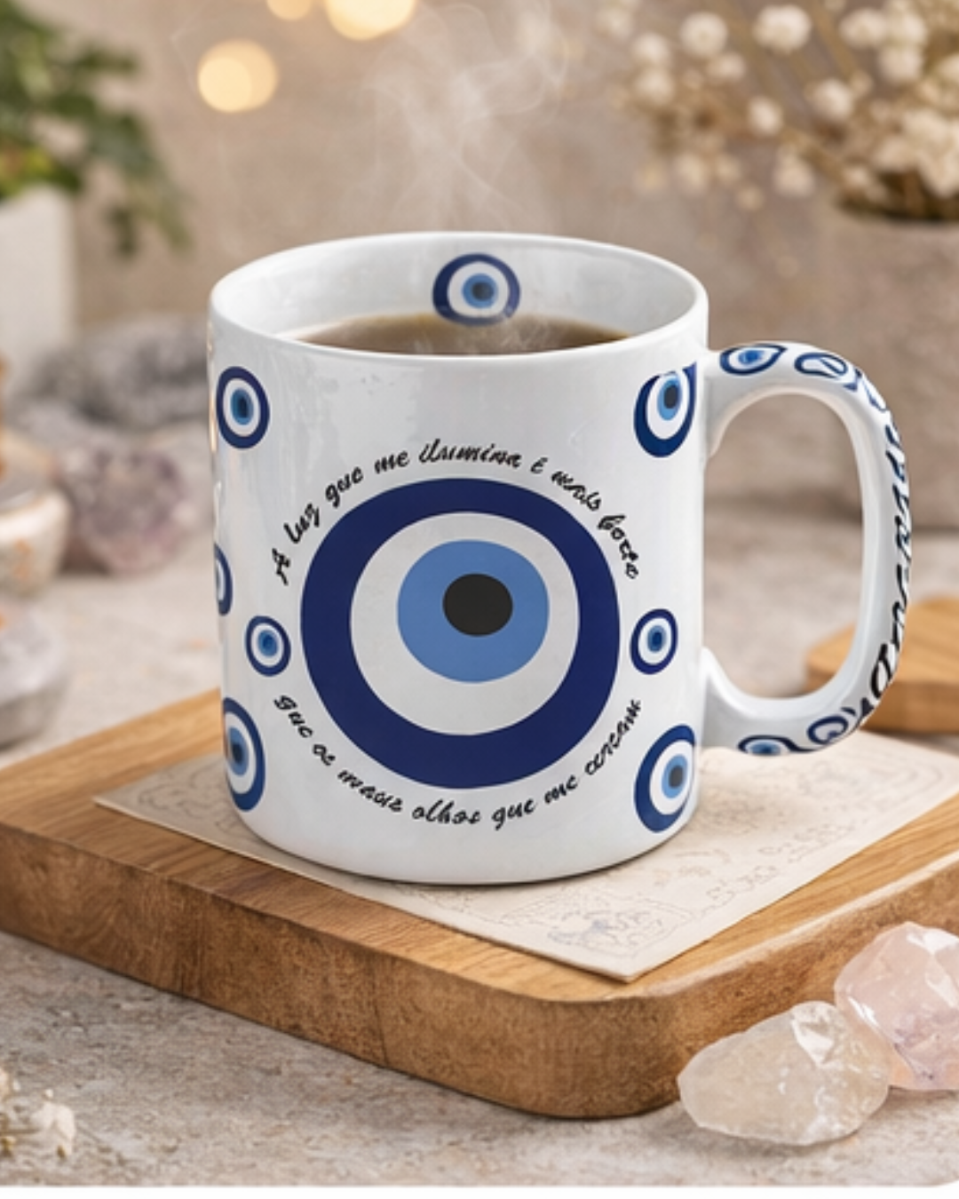 Caneca Bella 300ml Olho Grego em Cerâmica Decorativa – Proteção, Energia Positiva e Estilo - Doca Express