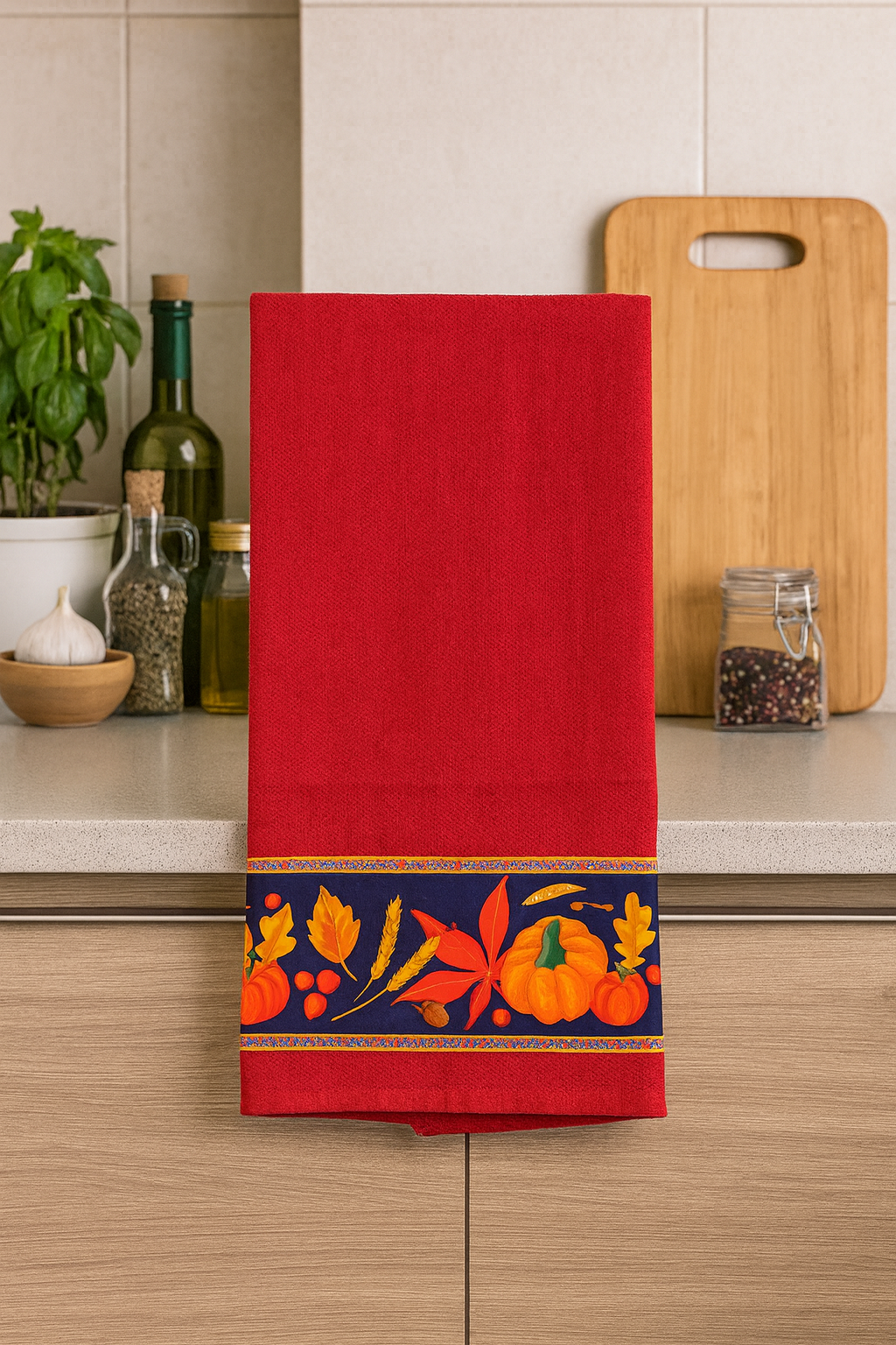 Kits de 3 Panos de Prato, 100% Algodão Vermelho Barrado de Verduras e Legumes, 70X40 cm - Doca Express