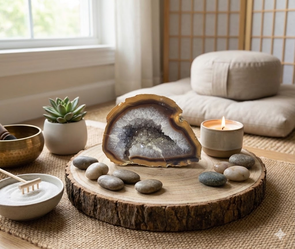 Geodo de Ágata Natural com Drusa de Quartzo – Peça Polida 550g | Banda Marrom e Núcleo Cristalino | Decoração, Coleção Mineral e Espaços Zen - Doca Express&nbsp;