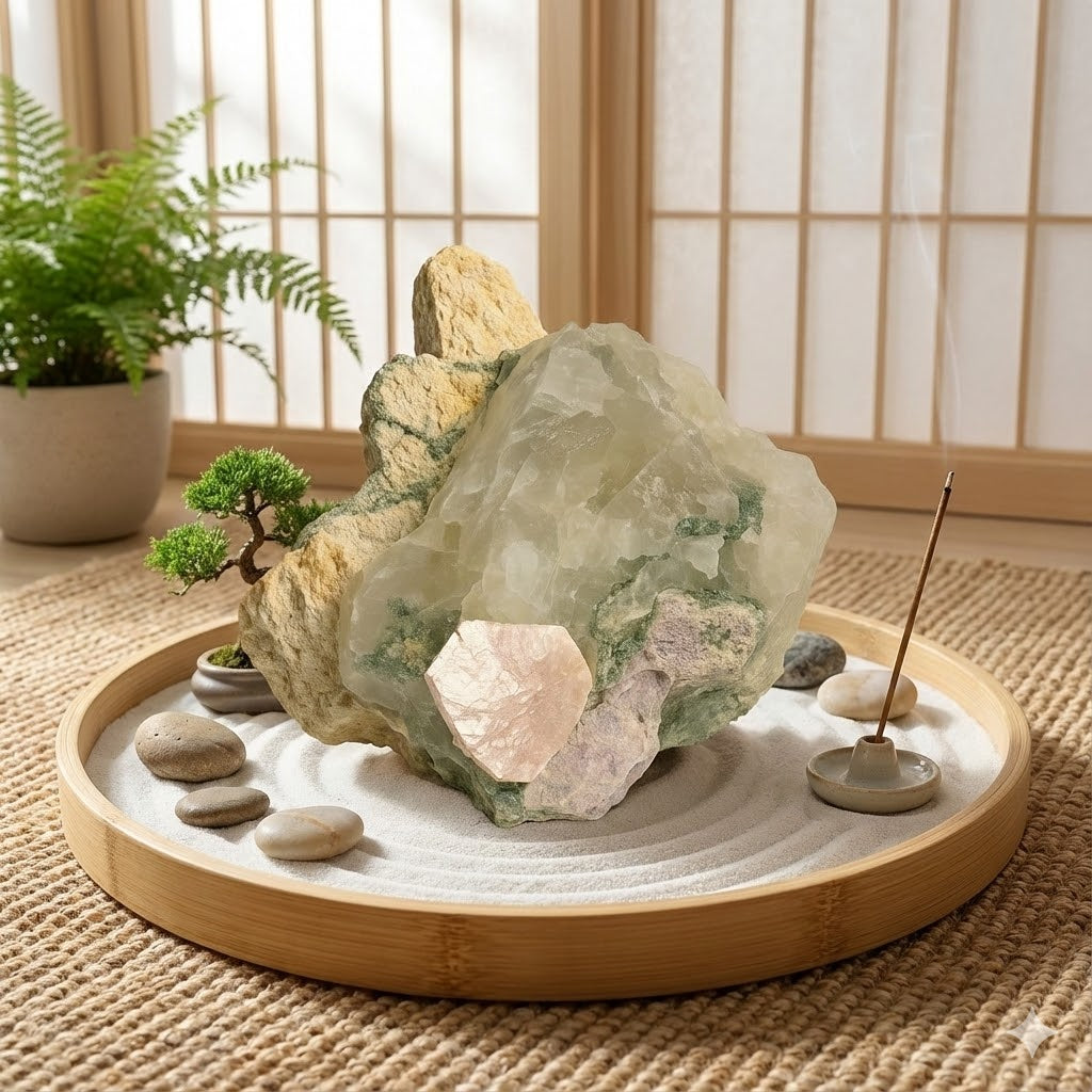 Pedra Natural Quartzo Leitoso com Clorita Verde e Mica Rosa em Matriz – Peça Bruta Colecionável 1,178 kg – Cristal Decorativo e Energia Ambiental - Doca Express