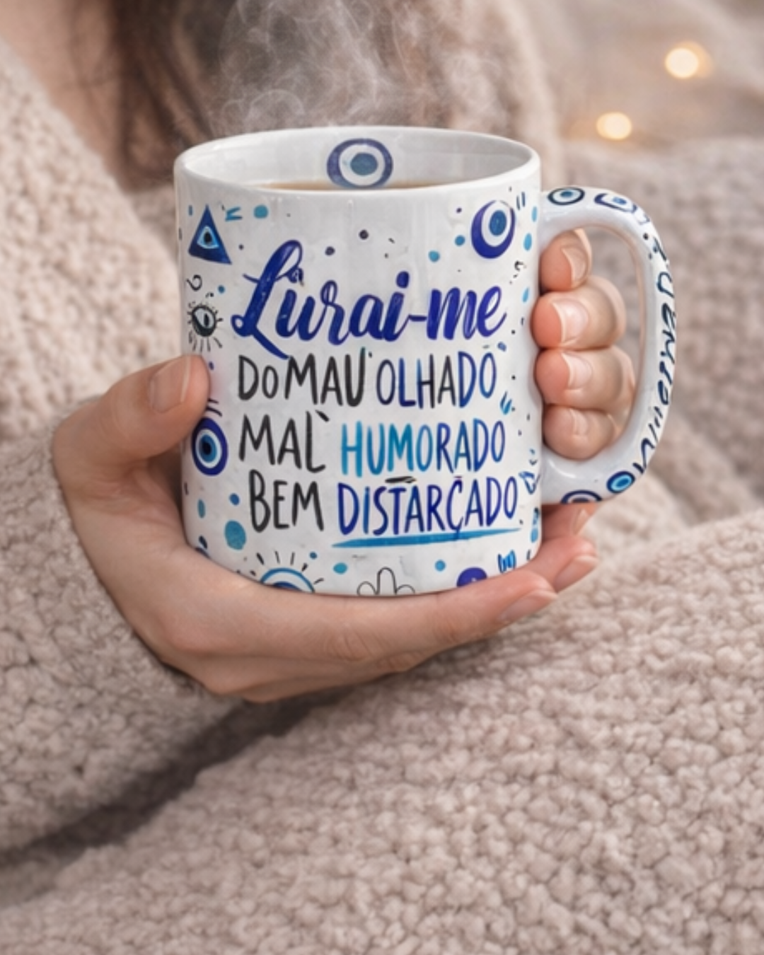 Caneca de Porcelana 325ml Olho Grego – Estampa Vibrante, Proteção Espiritual e Energia Positiva - Doca Express
